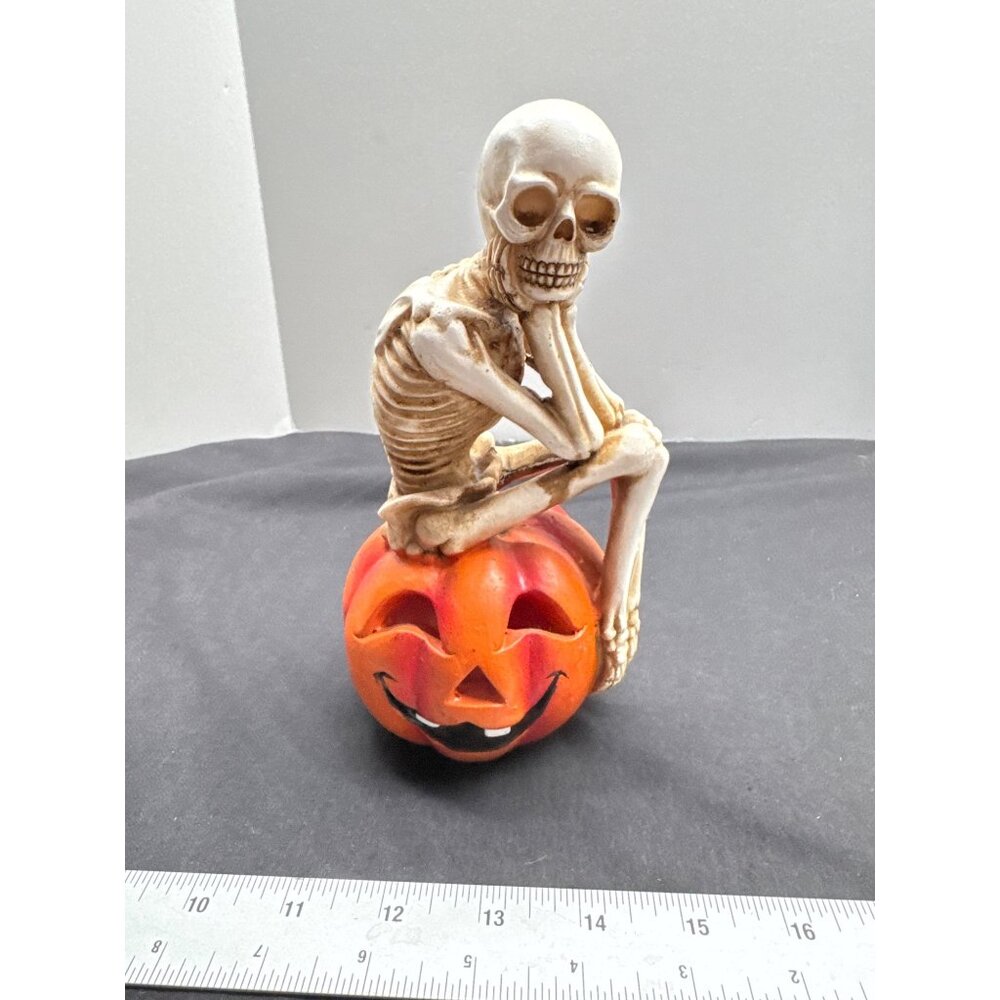 Halloween Skeleton On Light UP Pumpkin Figurine